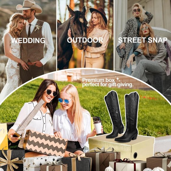 Women Black Wide Calf Rhinestones Pointed Toe Chunky Heel Embroidered Boots - Picture 2 of 7